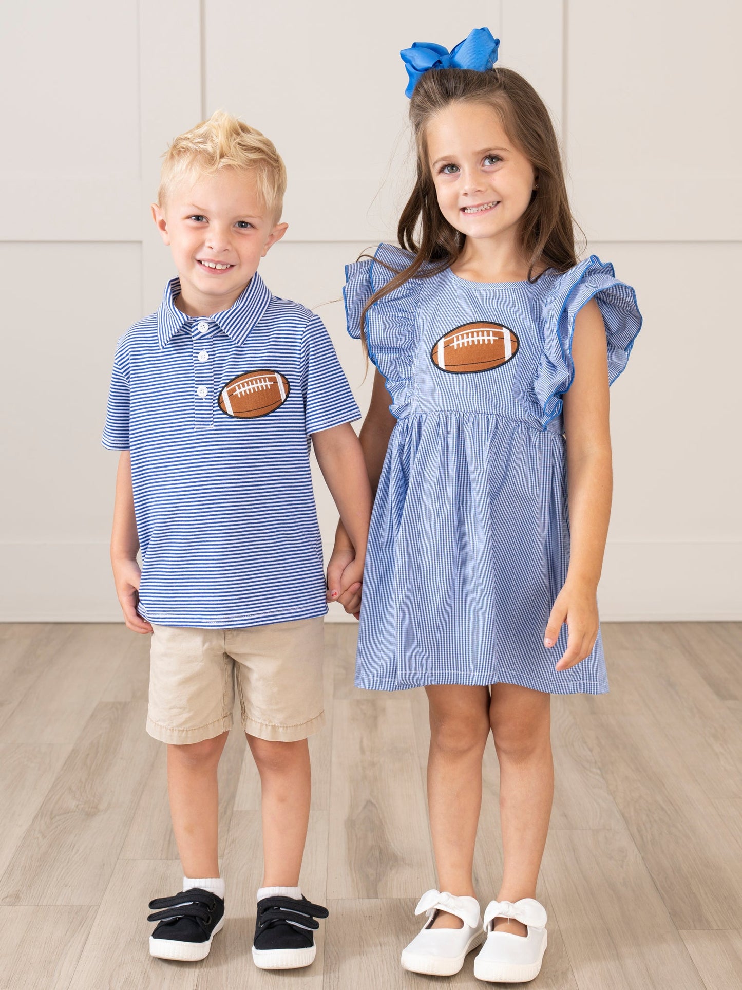 Blue Stripe Cotton Embroidered Football Ruffle Dress