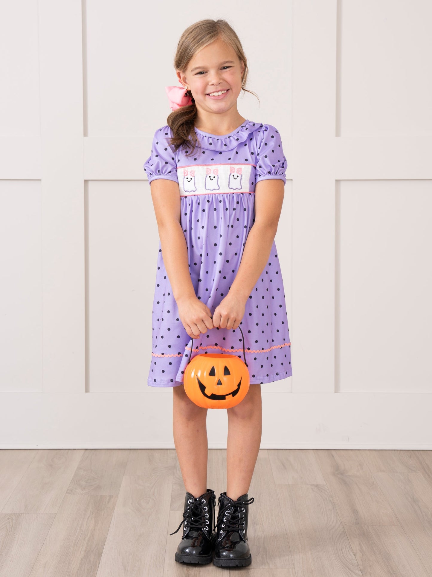 Purple Dots Smocked Ghosts Ruffle Dress