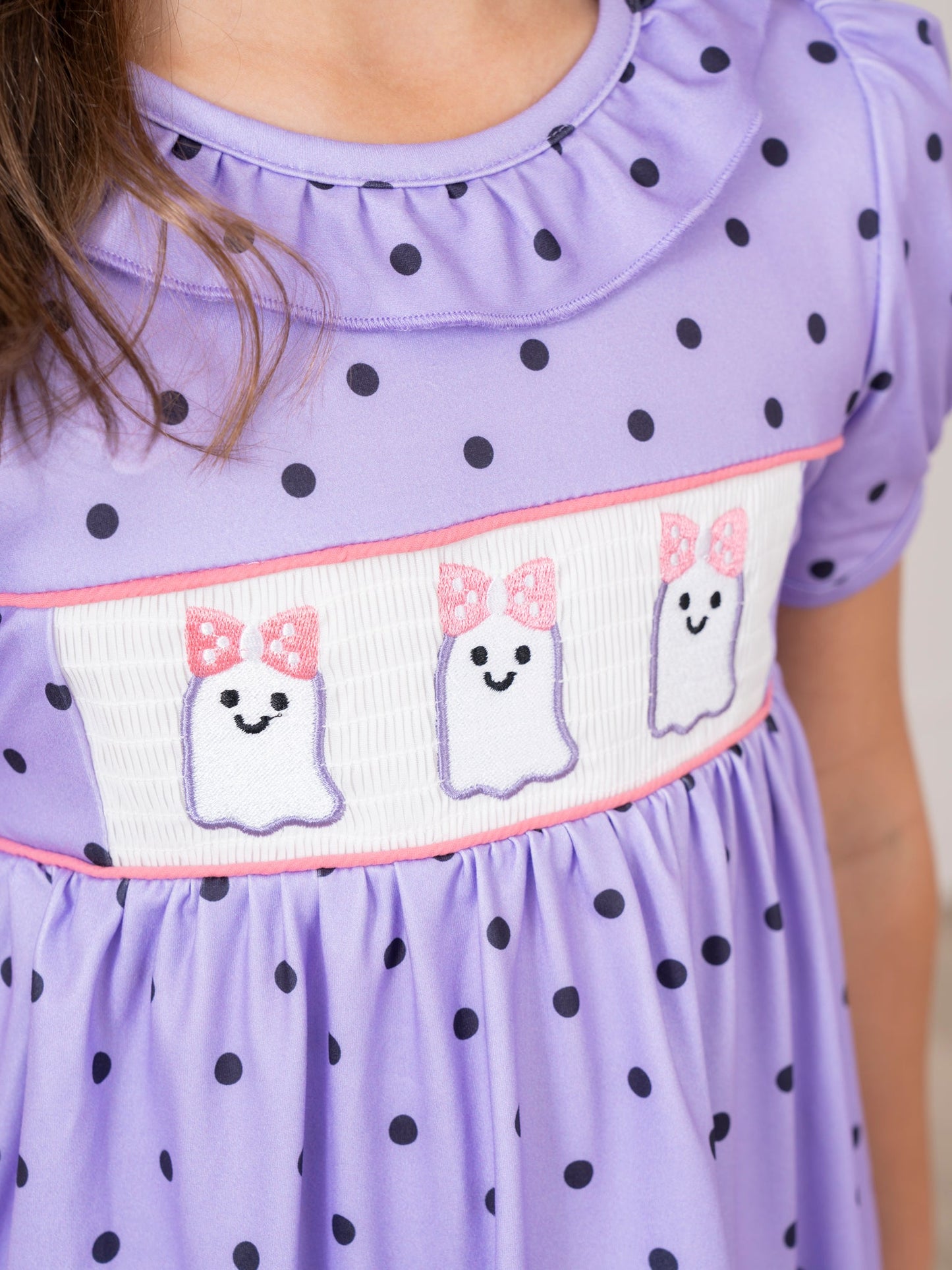 Purple Dots Smocked Ghosts Ruffle Dress