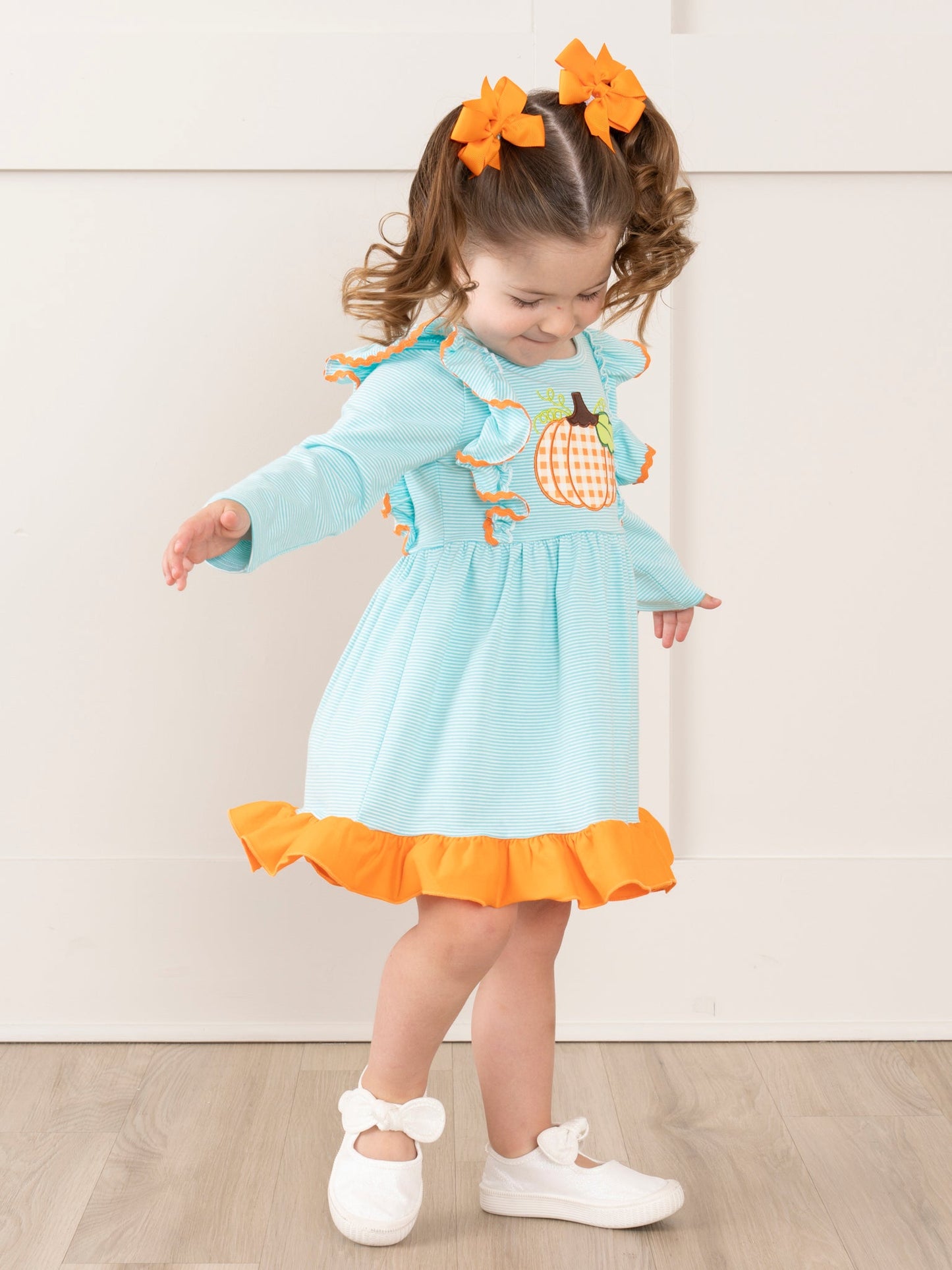 Light Blue Stripes Pumpkin Ruffle Dress