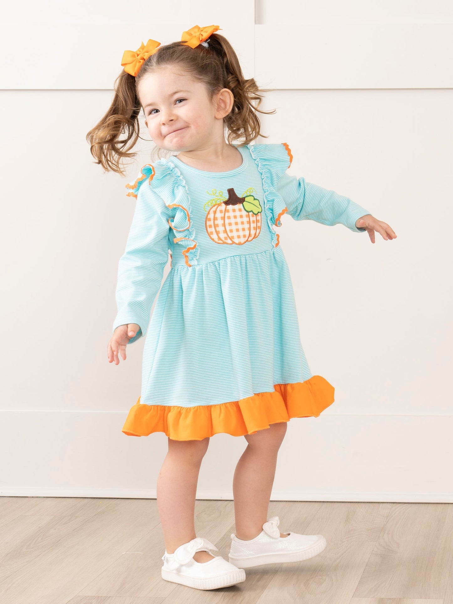 Light Blue Stripes Pumpkin Ruffle Dress