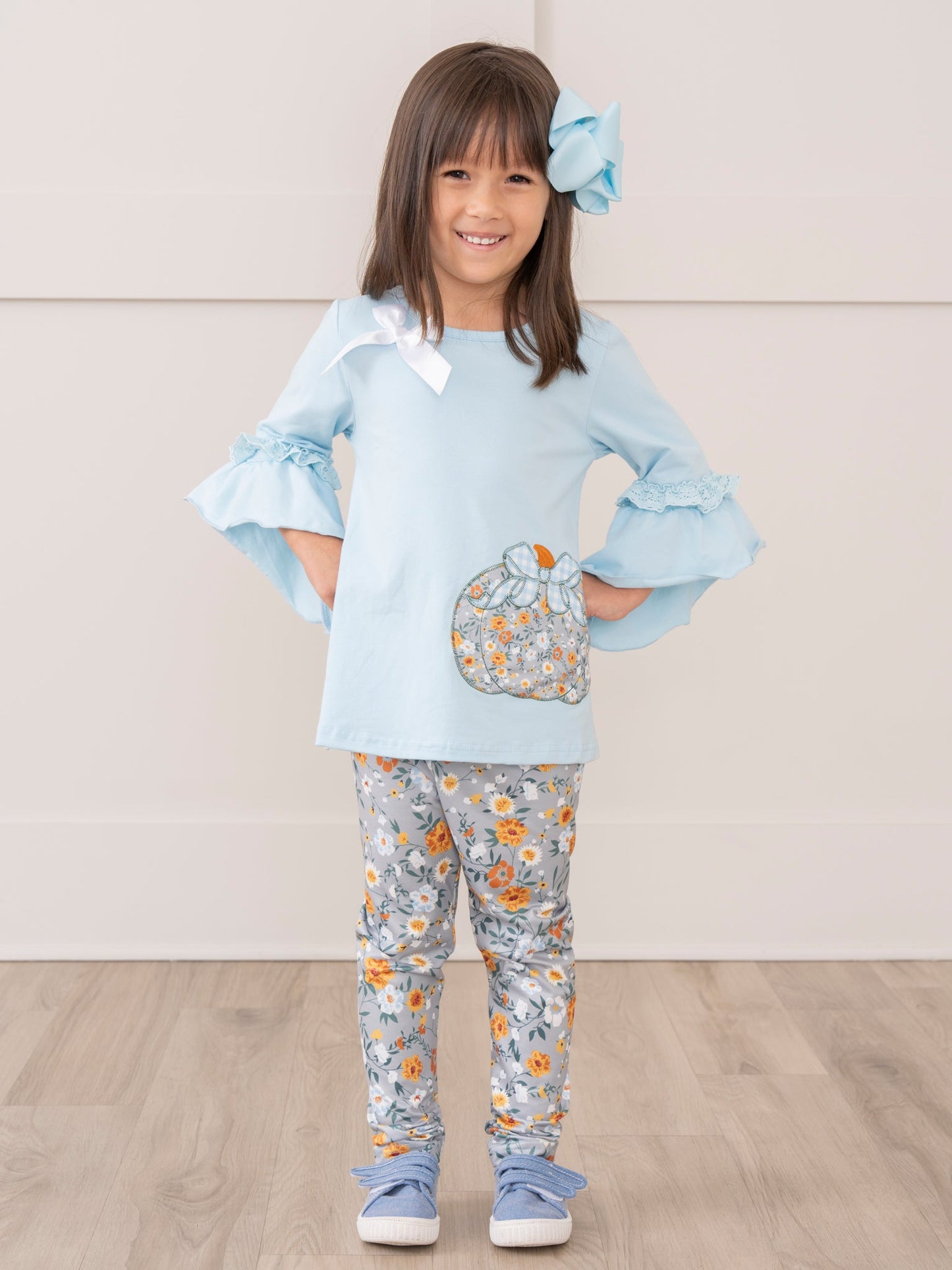 Light Blue Floral Embroidered Pumpkin Ruffle Outfit