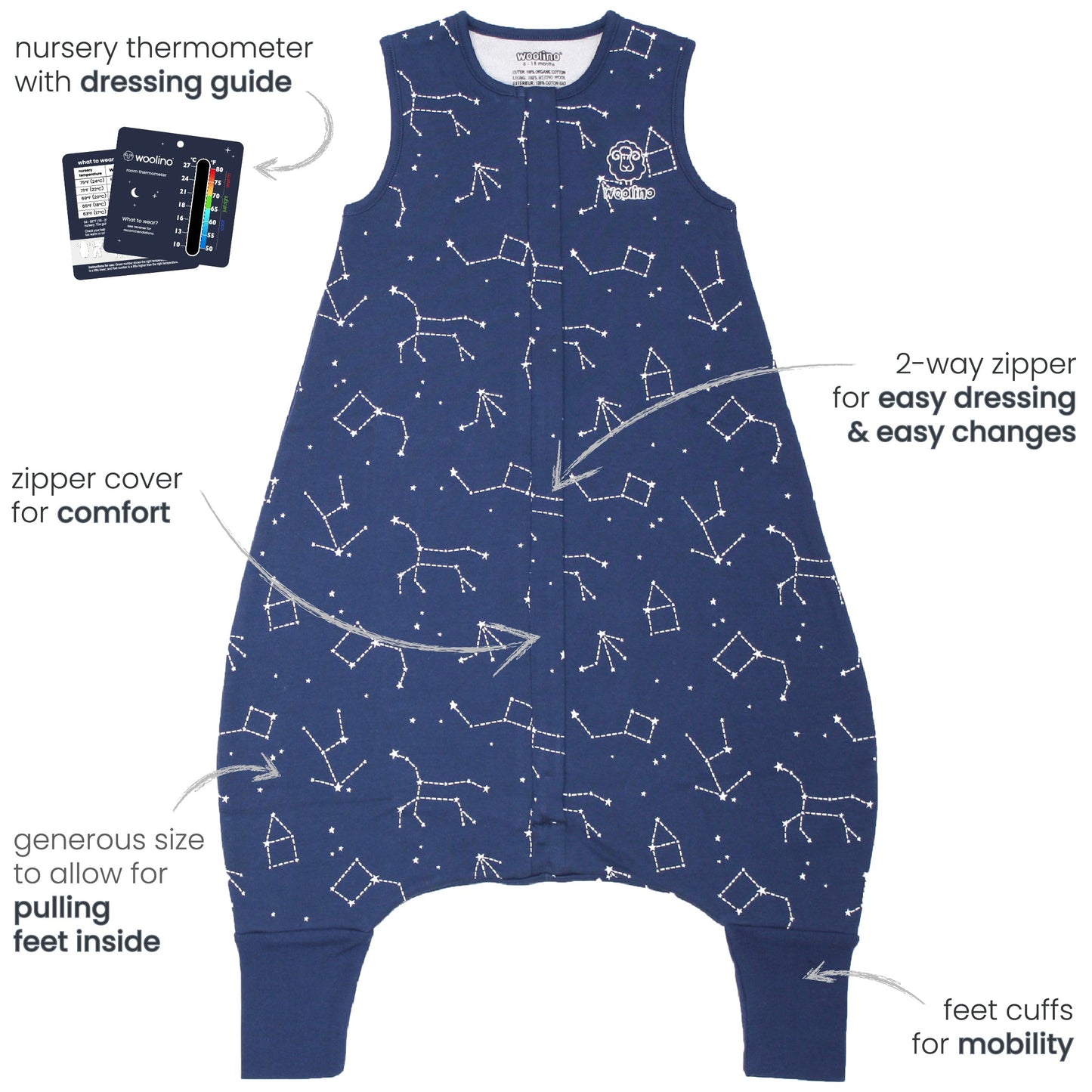 4 Season® Baby Sleep Bag with Feet, Merino Wool & Organic Cotton, Night Sky™