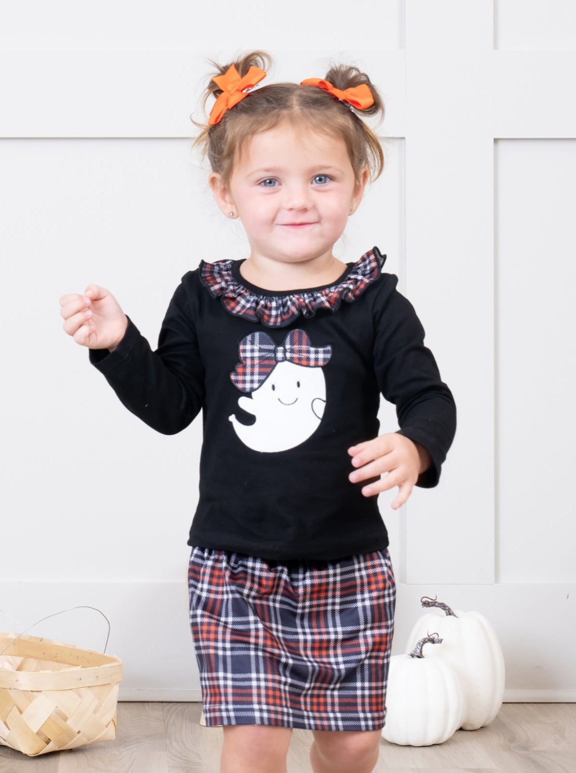 Embroidered Halloween Plaid Ruffle Outfit