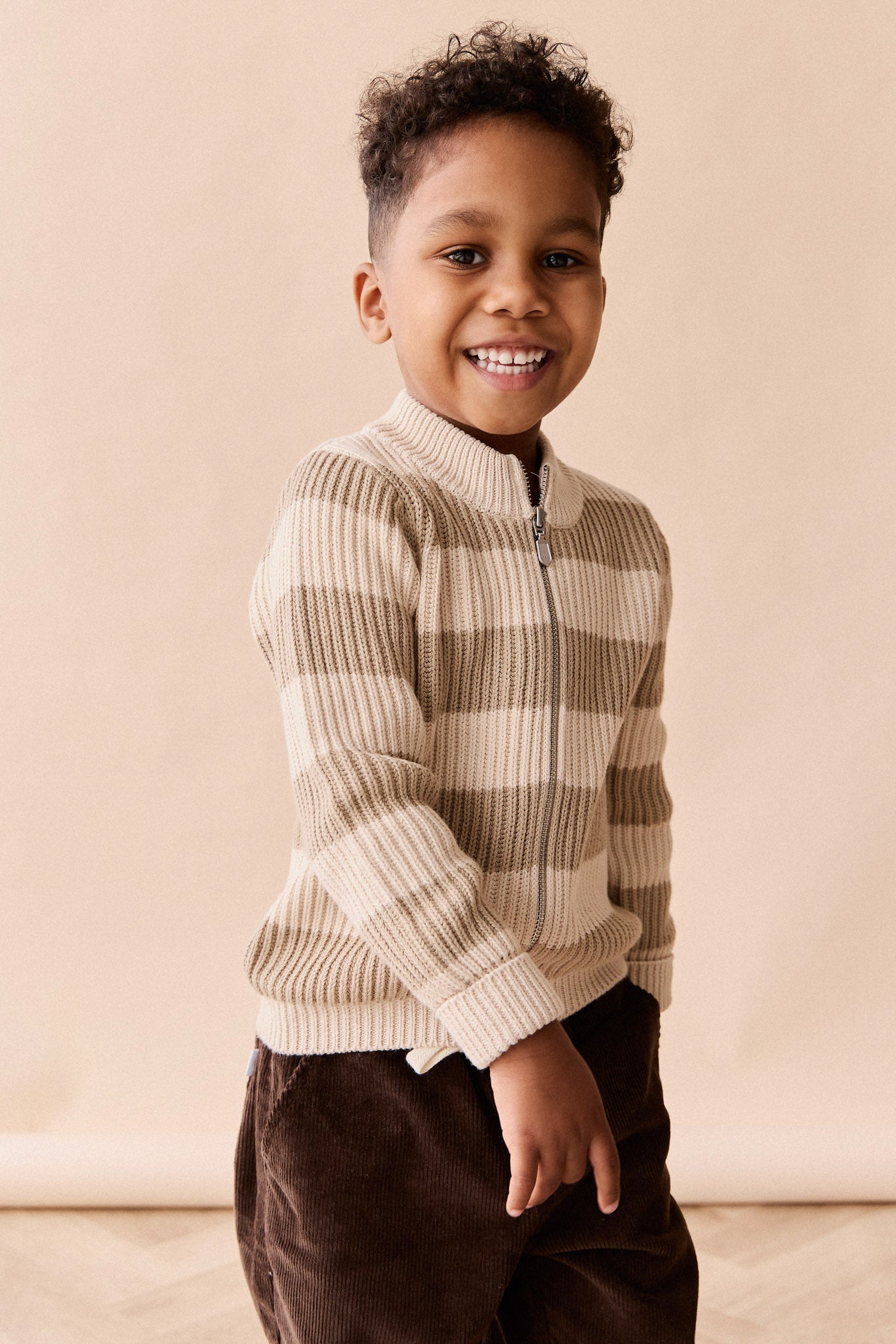 Idris Knit Zip Cardigan - Wide Stripe Rye/Buff