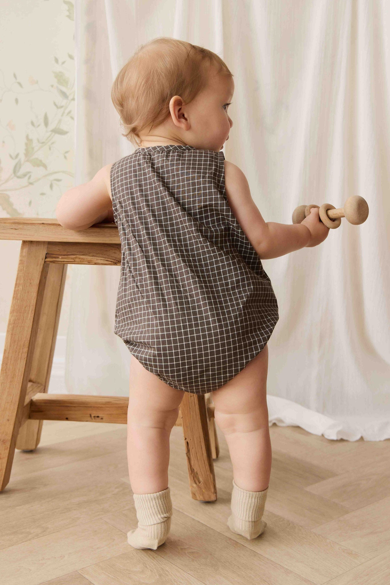 Organic Cotton Archie Playsuit - Coffee Grid