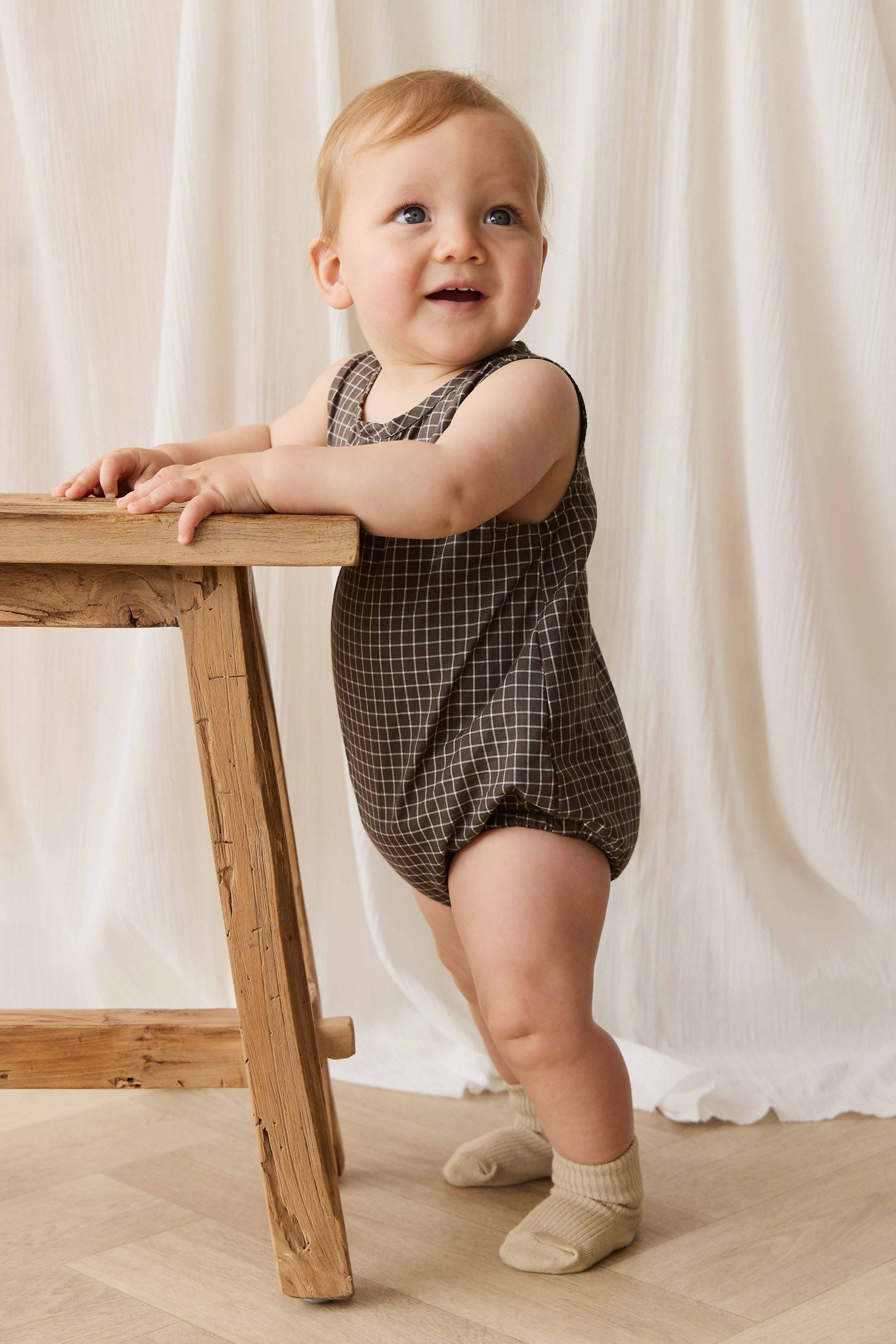 Organic Cotton Archie Playsuit - Coffee Grid
