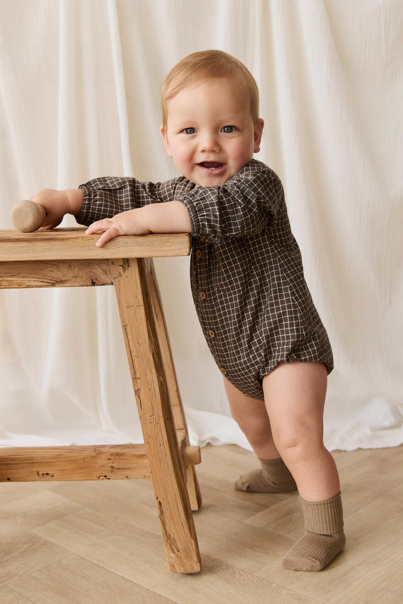 Organic Cotton Ellis Playsuit - Coffee Grid