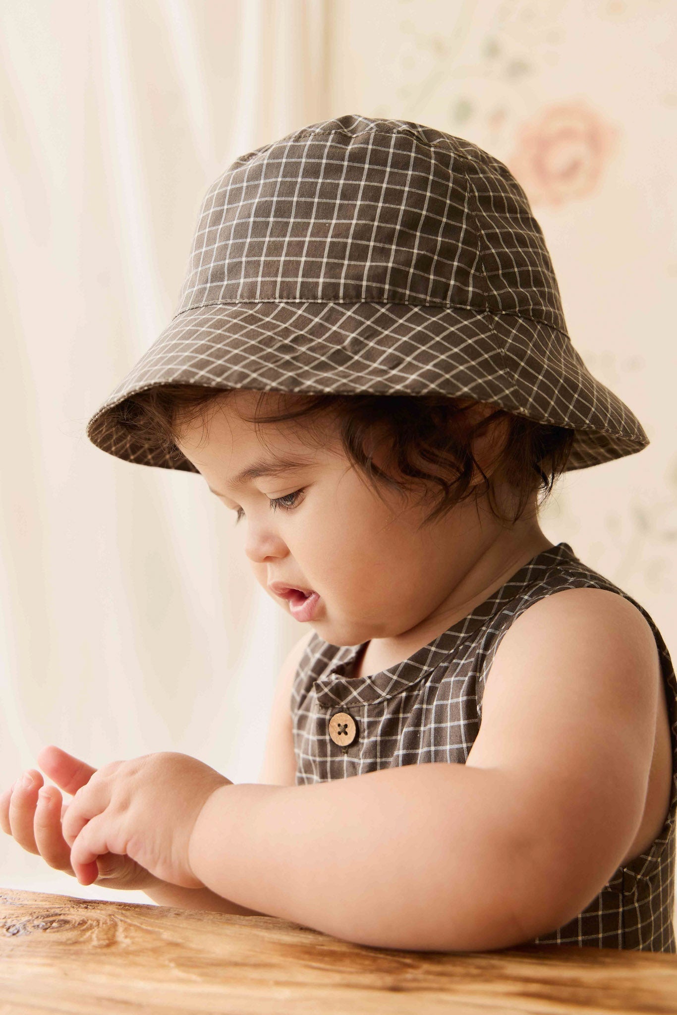Organic Cotton Bucket Hat - Coffee Grid
