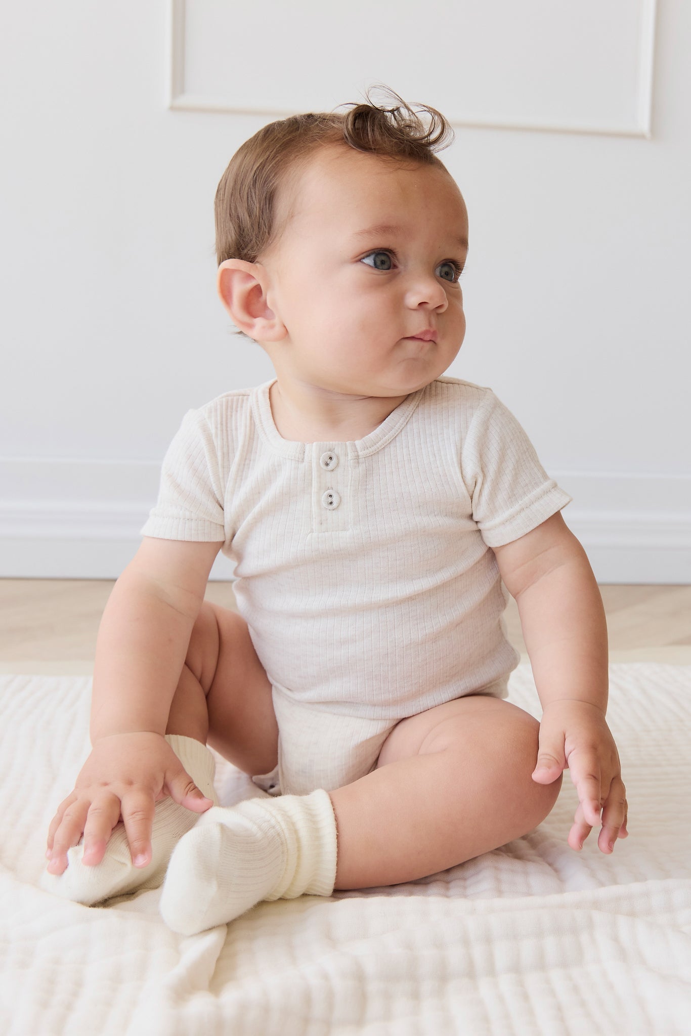 Organic Cotton Modal Darcy Rib Tee Bodysuit - Oatmeal Marle