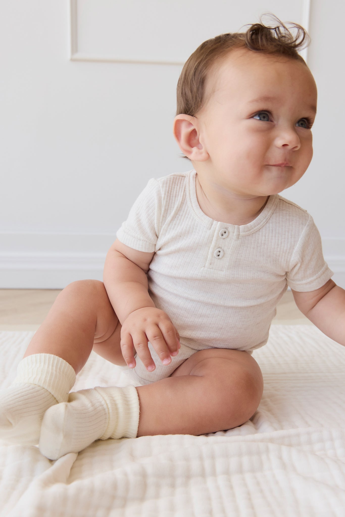 Organic Cotton Modal Darcy Rib Tee Bodysuit - Oatmeal Marle