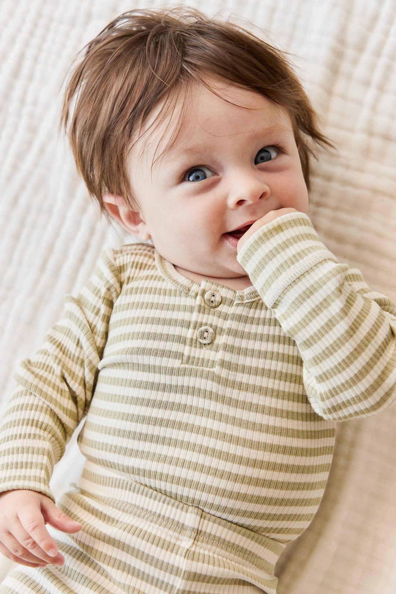Organic Cotton Modal Long Sleeve Bodysuit - Slim Stripe Pampas/Sun Rays