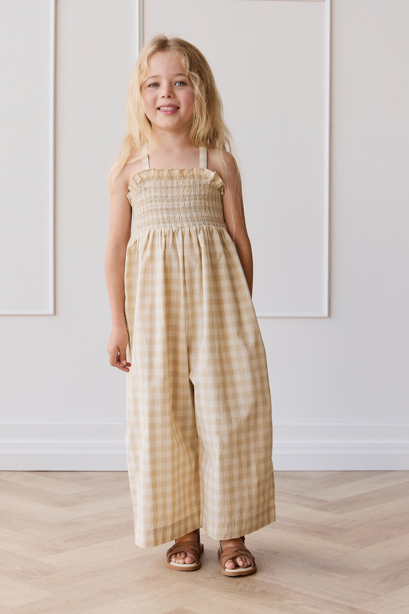 Organic Cotton Arabella Jumpsuit - Gingham Pale Khaki