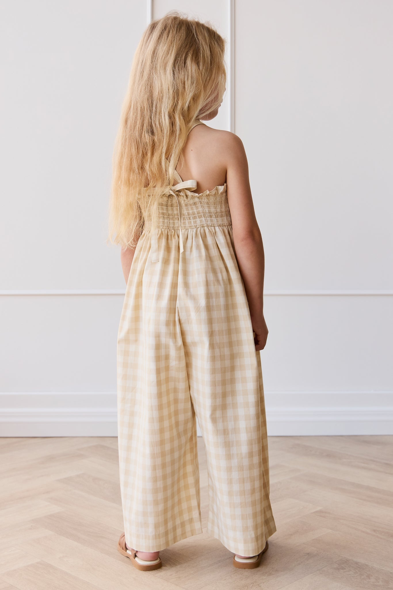 Organic Cotton Arabella Jumpsuit - Gingham Pale Khaki