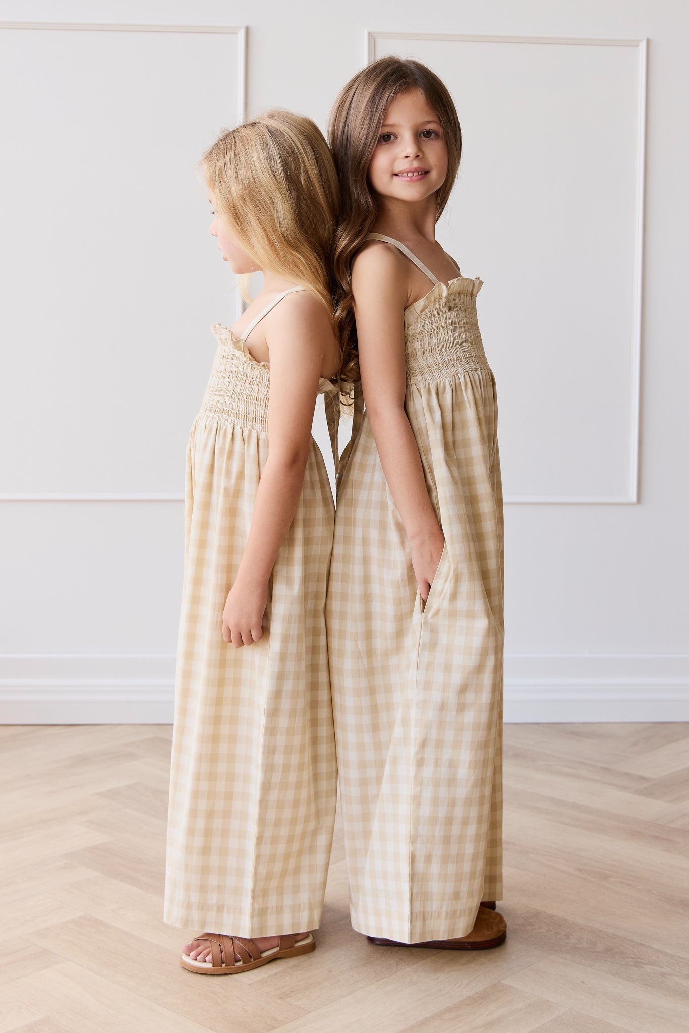 Organic Cotton Arabella Jumpsuit - Gingham Pale Khaki