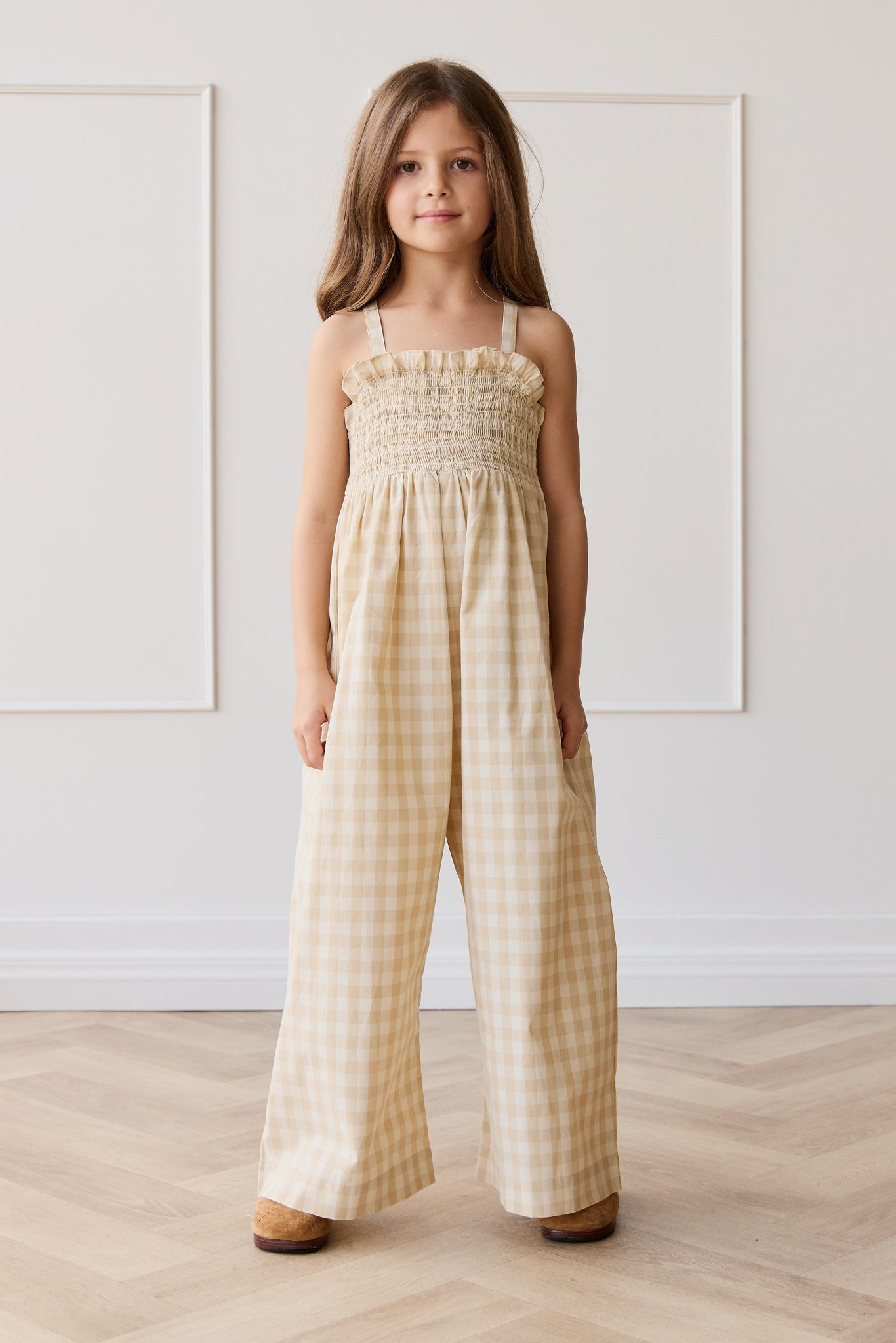 Organic Cotton Arabella Jumpsuit - Gingham Pale Khaki