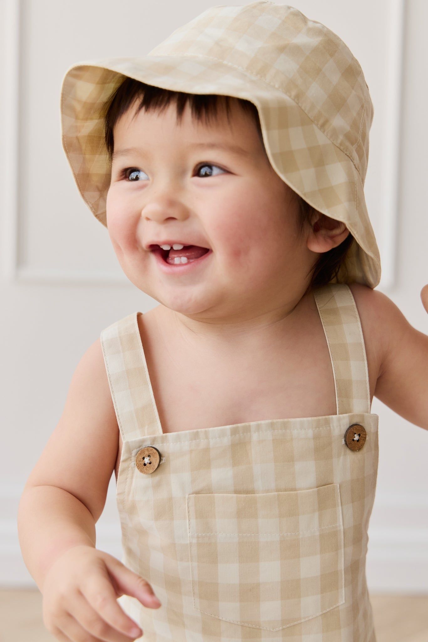 Organic Cotton Bucket Hat - Gingham Pale Khaki