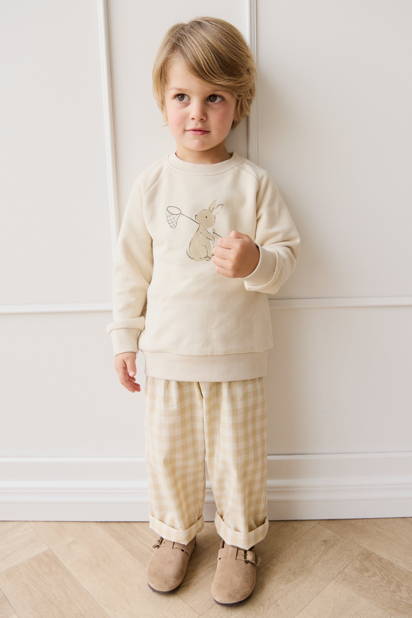 Organic Cotton Kingston Pant - Gingham Pale Khaki