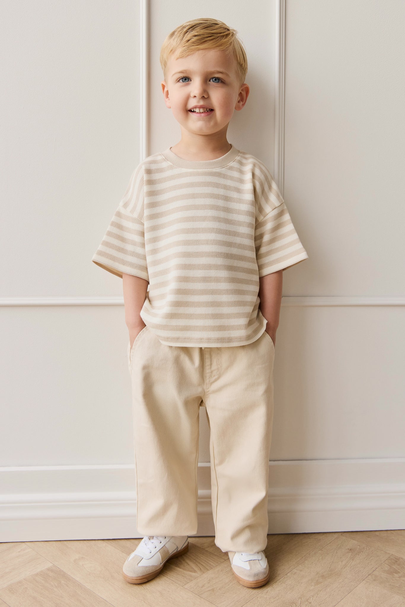 Organic Cotton Waffle Leith Tee - Staple Stripe Oat/Cloud