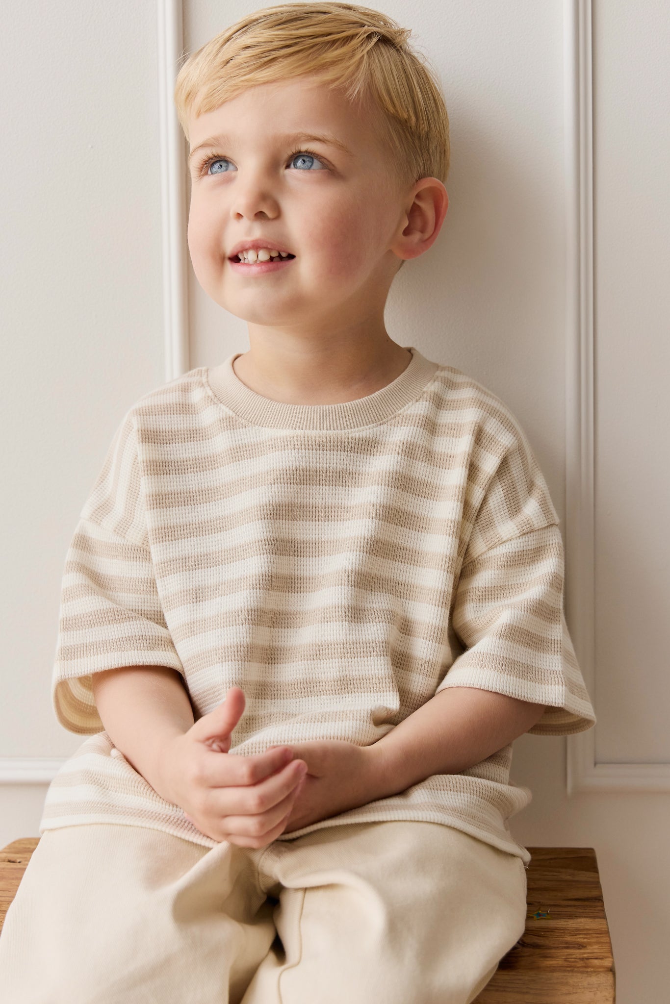 Organic Cotton Waffle Leith Tee - Staple Stripe Oat/Cloud