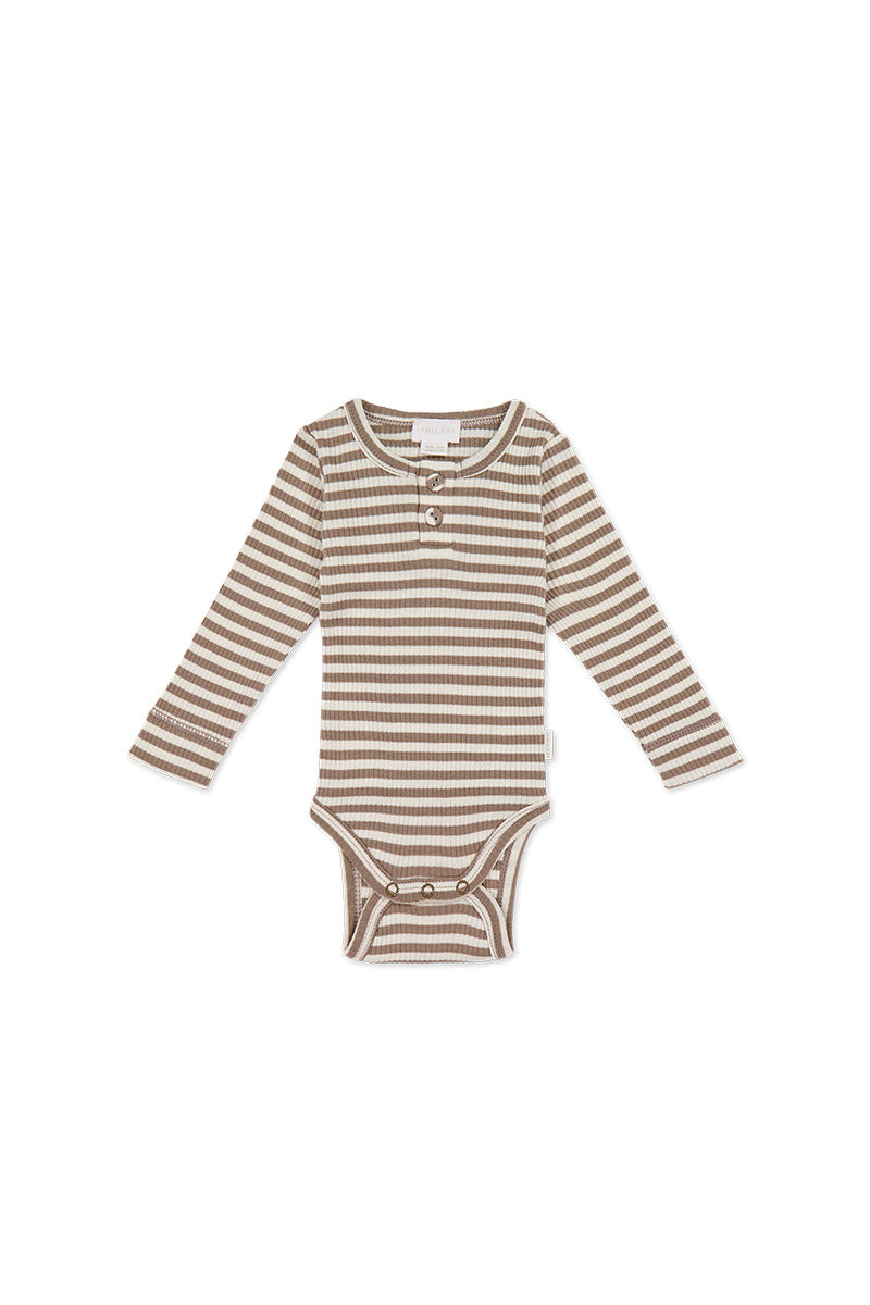 Organic Cotton Modal Long Sleeve Bodysuit - Narrow Stripe Tweed/Cloud