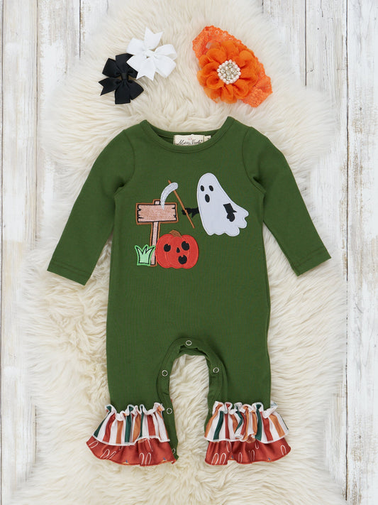 Green Striped Halloween Friends Ruffle Romper
