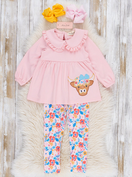 Pink Floral Embroidered Cow Ruffle Outfit
