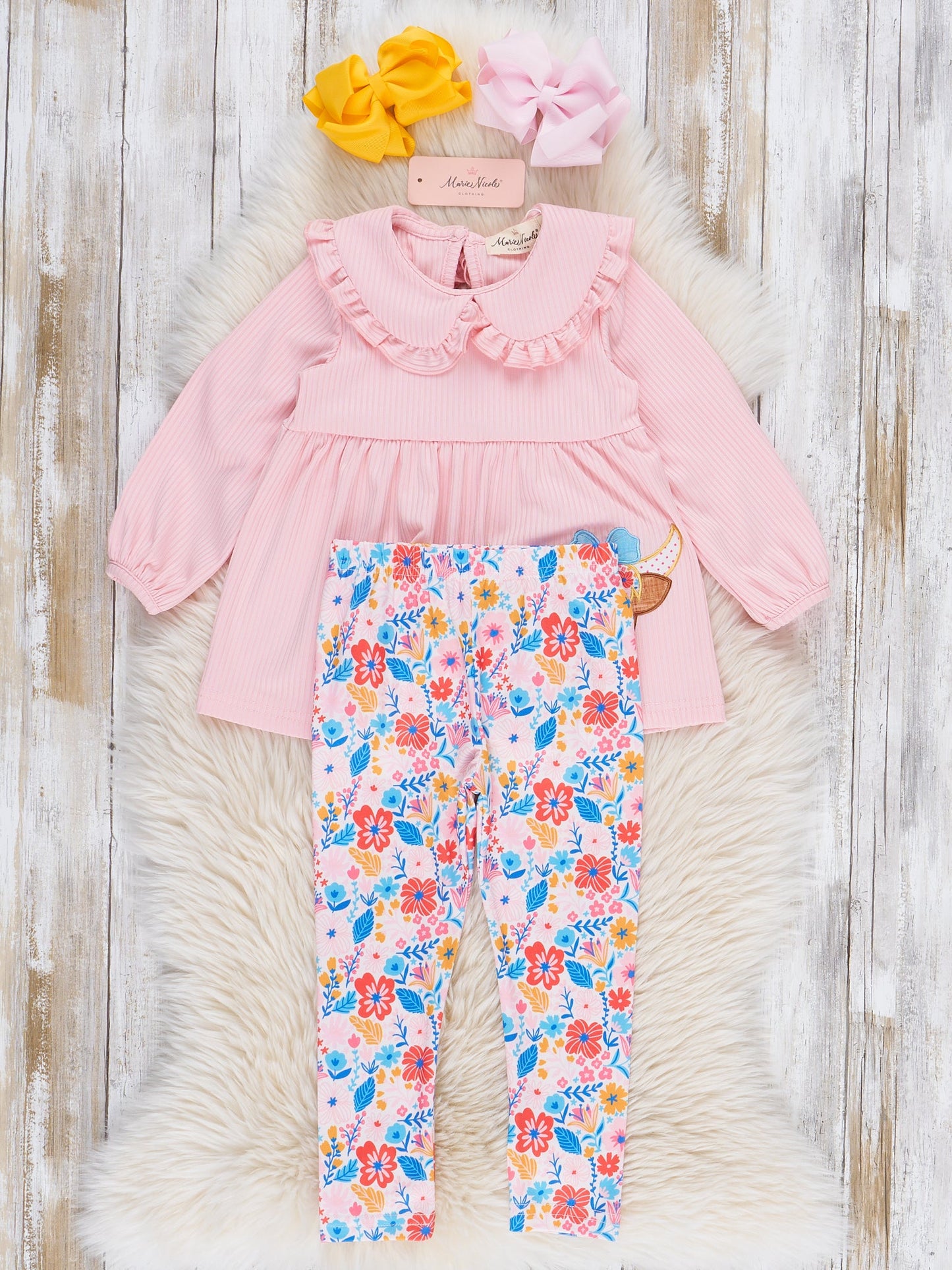 Pink Floral Embroidered Cow Ruffle Outfit
