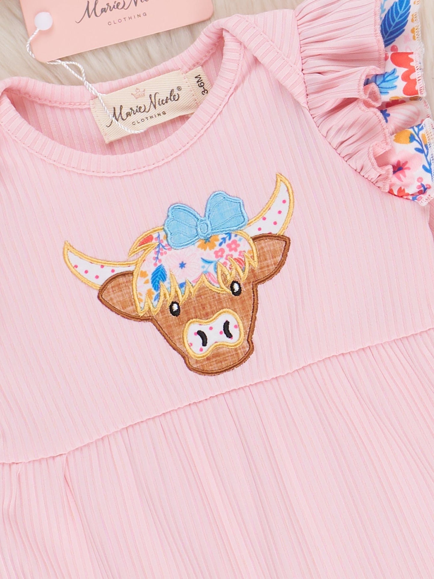 Pink Floral Embroidered Cow Ruffle Romper