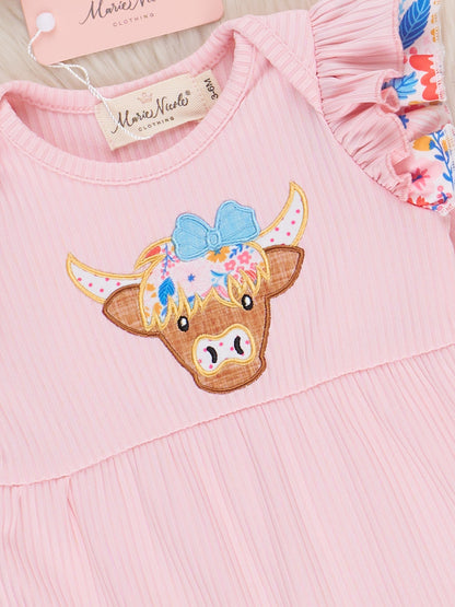 Pink Floral Embroidered Cow Ruffle Romper