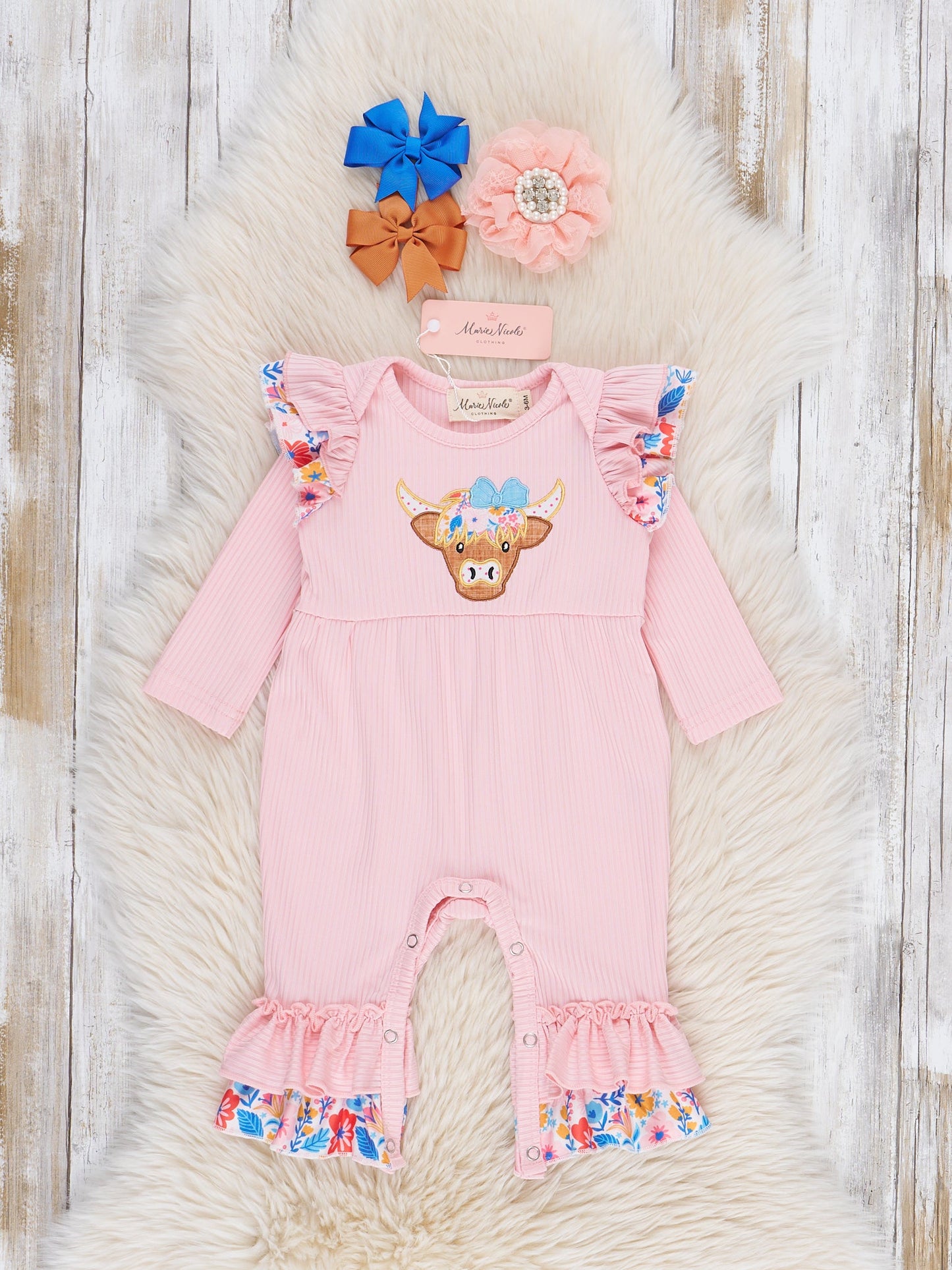 Pink Floral Embroidered Cow Ruffle Romper
