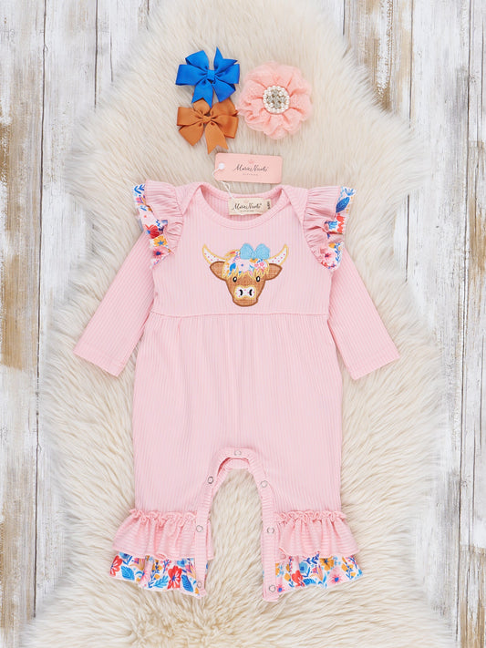 Pink Floral Embroidered Cow Ruffle Romper