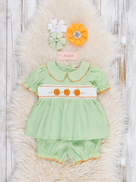 Smocked Embroidered Sweet Pea Pumpkin Bloomers Outfit