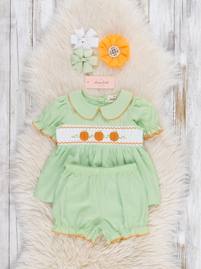 Smocked Embroidered Sweet Pea Pumpkin Bloomers Outfit