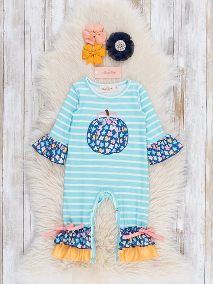 Embroidered Petal Patchwork Pumpkin Ruffle Romper