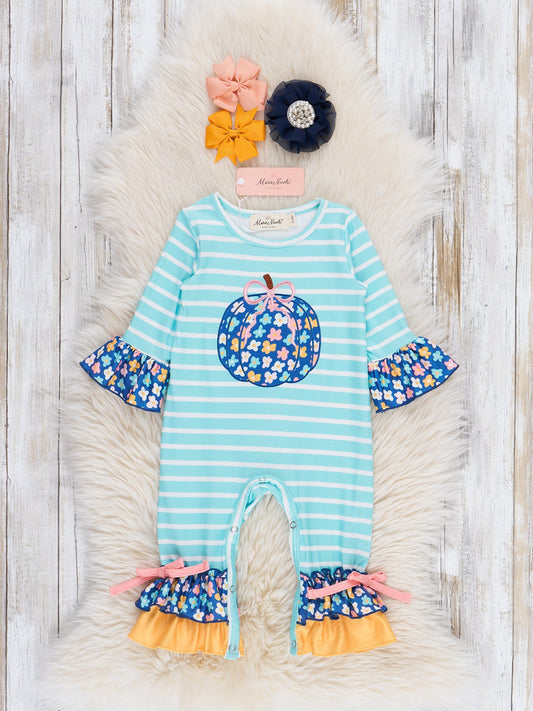 Embroidered Petal Patchwork Pumpkin Ruffle Romper