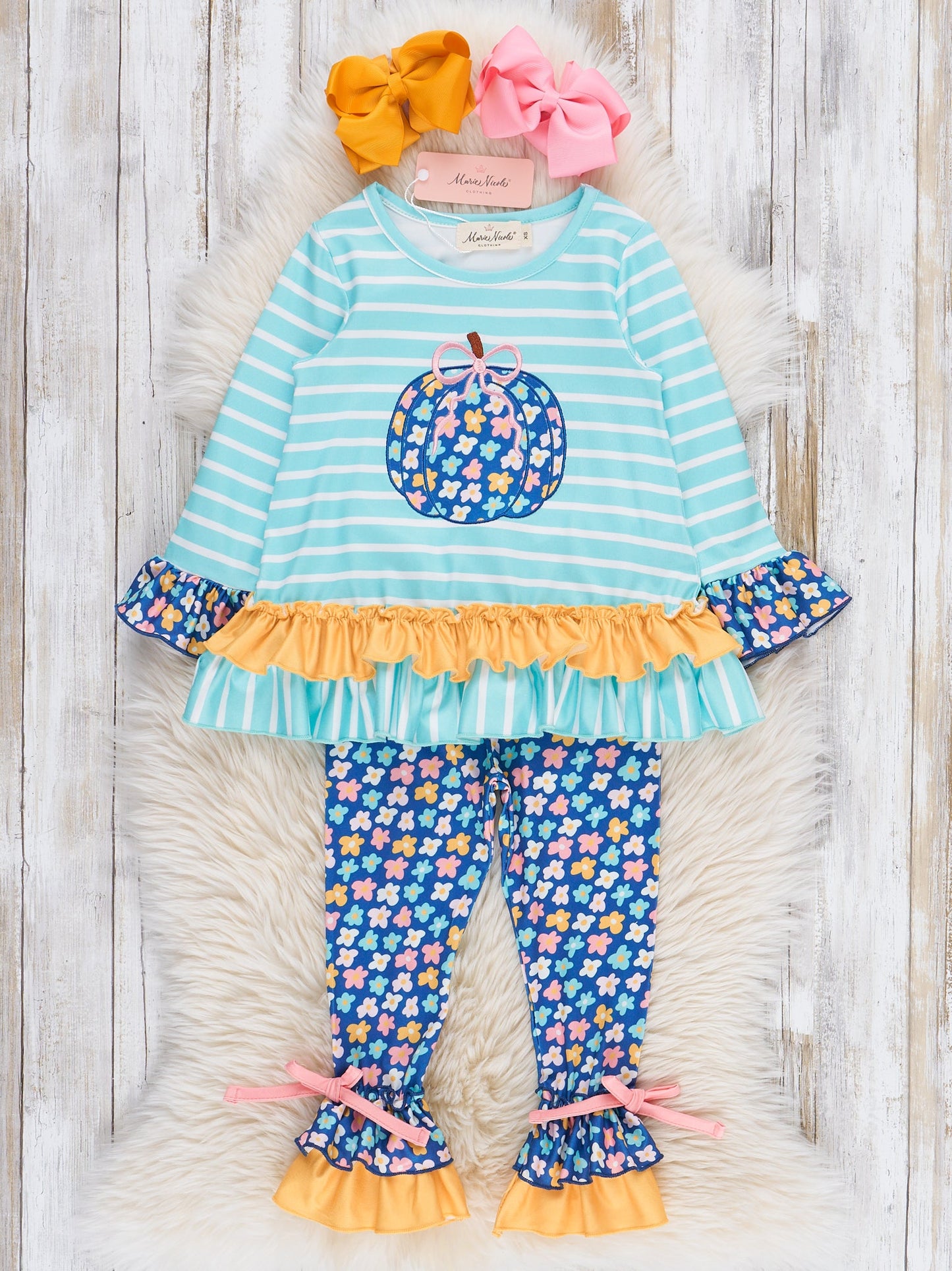 Embroidered Petal Patchwork Pumpkin Ruffle Outfit