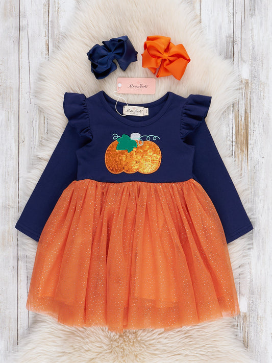 Embroidered Sparkle Pumpkin Ruffle Tulle Dress