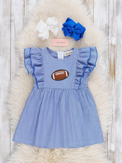 Blue Stripe Cotton Embroidered Football Ruffle Dress