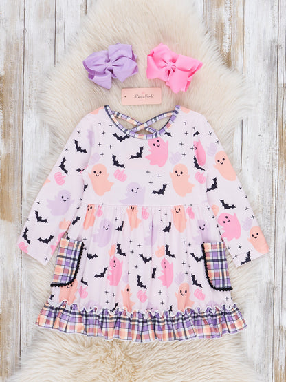 Pink & Purple Ghosts & Bats Ruffle Dress