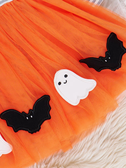 Striped Bats & Ghosts Orange Tulle Dress