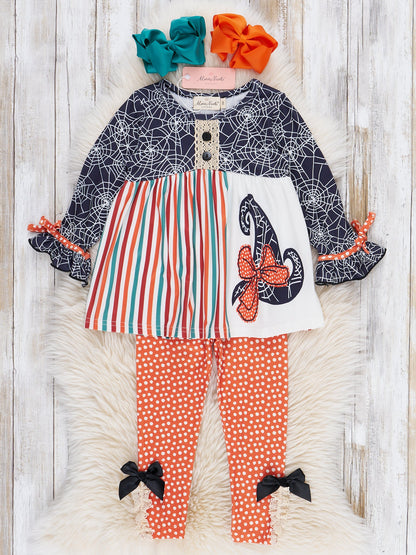 Spider Webs Ruffle Outfit - Orange Dots