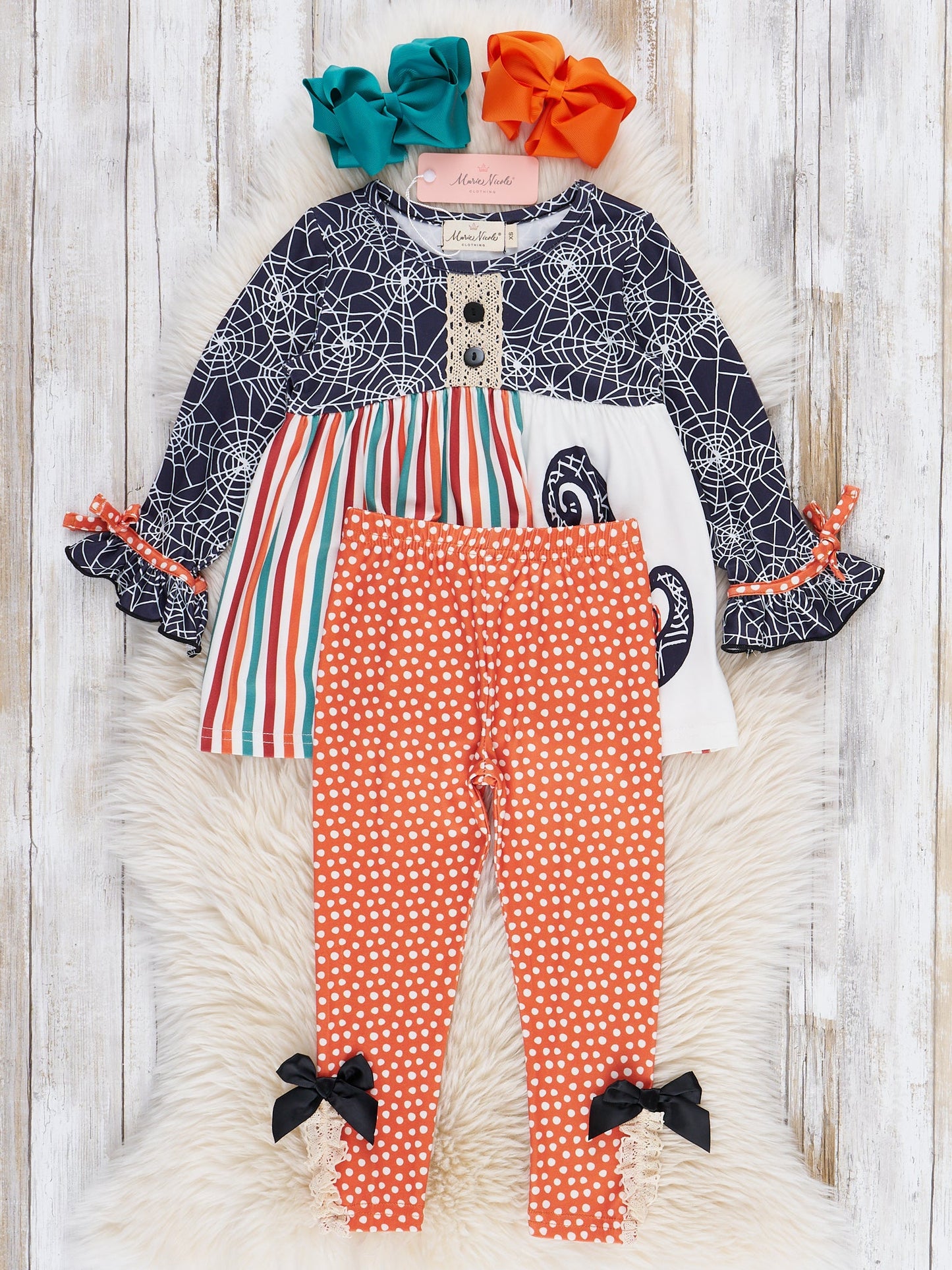 Spider Webs Ruffle Outfit - Orange Dots