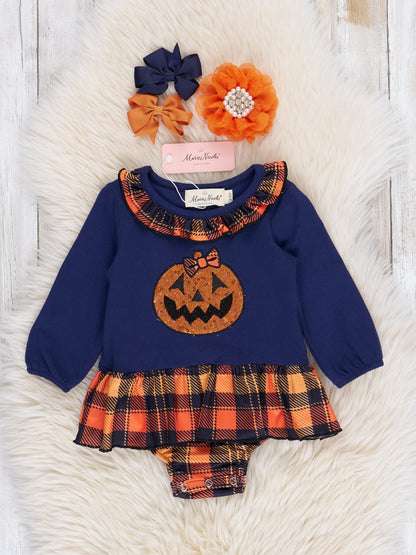 Embroidered Halloween Plaid Ruffle Bubble