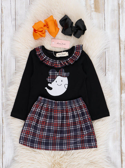 Embroidered Halloween Plaid Ruffle Outfit