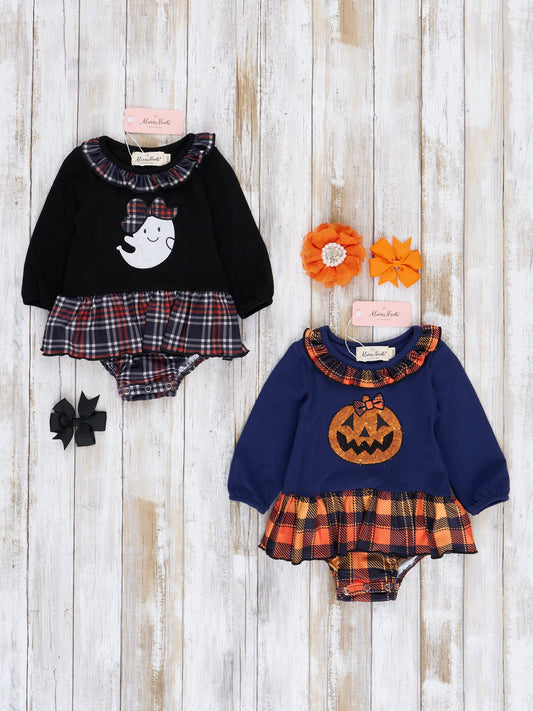 Embroidered Halloween Plaid Ruffle Bubble