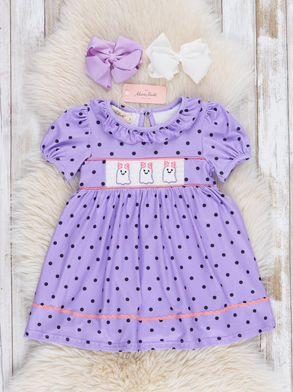 Purple Dots Smocked Ghosts Ruffle Dress