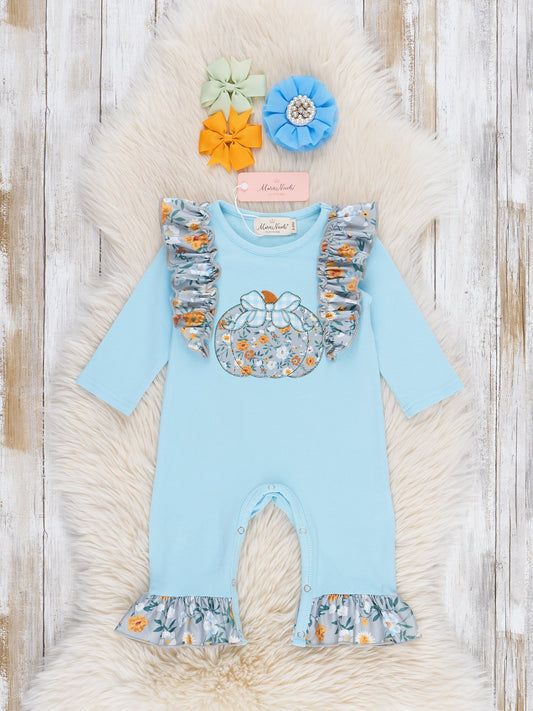 Light Blue Floral Embroidered Pumpkin Ruffle Romper