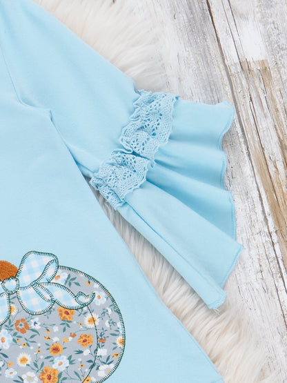Light Blue Floral Embroidered Pumpkin Ruffle Outfit