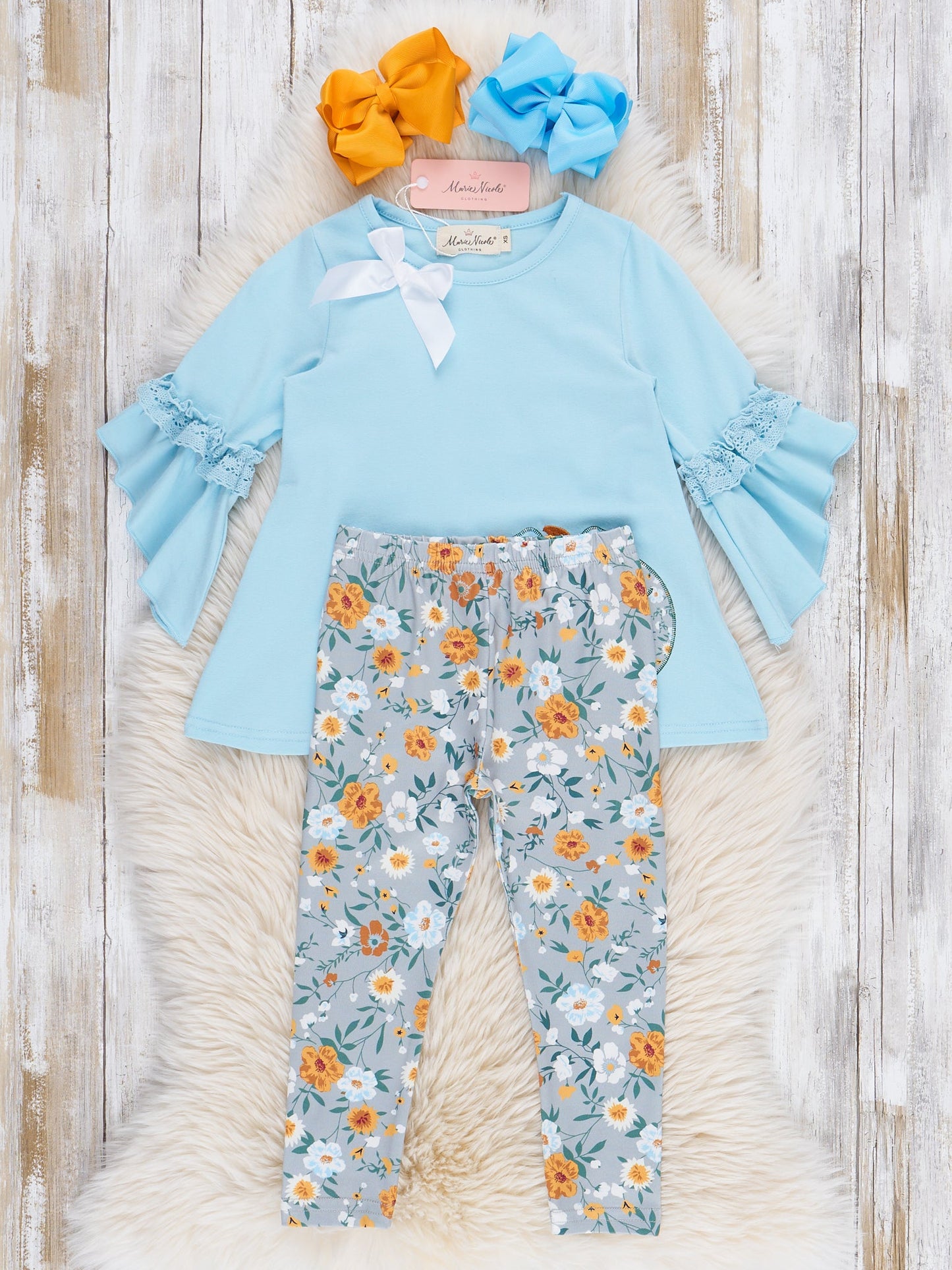 Light Blue Floral Embroidered Pumpkin Ruffle Outfit
